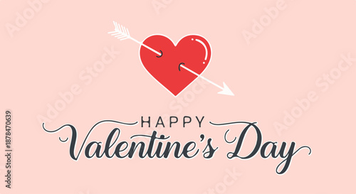 Happy Valentine's Day greeting with a red heart pierced by a cupid's arrow on a light pink background, symbolizing love and romance.