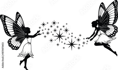 Fantasy fairy silhouettes with wings and sparkling stars magical mythical characters black and white flat vector illustration art design