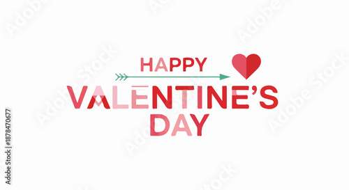 Vibrant Happy Valentine's Day text in red and pink, featuring a heart and arrow on a clean white background, ideal for romantic greetings.