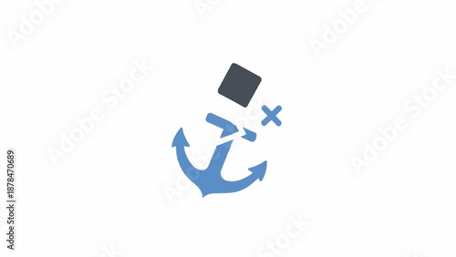 Blue anchor with floating symbols.