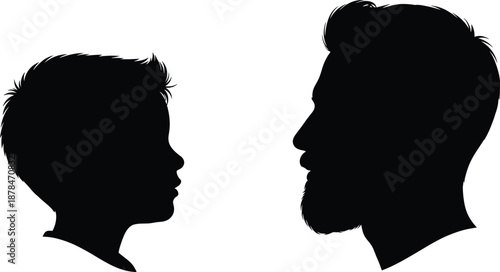 Father and son face to face silhouette profile illustration showing family relationship generation gap and communication concept isolated on white background