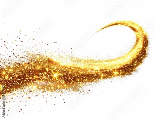Golden shimmering swirl, sparkling dust on white