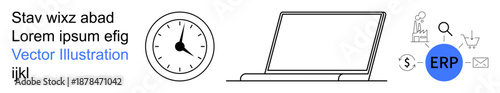Business management, enterprise planning, workflow optimization, technology solutions, time tracking, e-commerce strategy. Laptop, clock ERP and business-related icons. Enterprise planning
