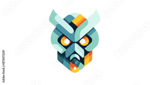 A stylized, geometric owl face illustration with vibrant orange and blue colors, symbolizing wisdom and observation, perfect for branding and design
