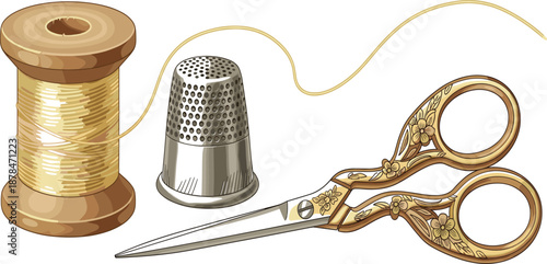 Vintage sewing tools illustration with thread spool, thimble, and ornate embroidery scissors for tailoring and craft projects