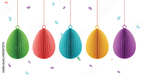 Colorful hanging paper egg decorations set for Easter and festive celebrations, modern party ornament flat vector illustration