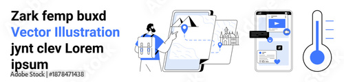 Digital mapping, navigation systems, mobile apps, online services, user interfaces, interactive tools. Person pointing at a map, phone display thermometer icon. Navigation systems and mobile apps