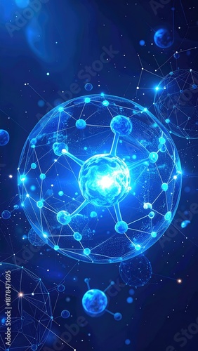 Glowing blue spheres connected in a complex network