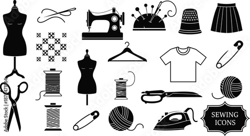 Sewing and tailoring silhouette icon set with dress form, sewing machine, scissors, threads, needles, and fashion tools