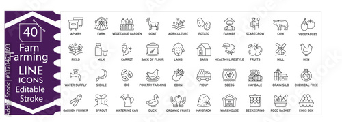 Farm farming icons set, agriculture, crops, harvest, tractor, soil, irrigation, organic food, rural life, livestock, planting, agribusiness,professional design editable stroke vector Illustration