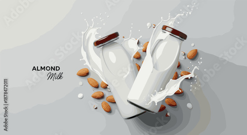 Healthy dairy free almond milk vector illustration with glass bottles milk splash and nuts for organic beverage branding