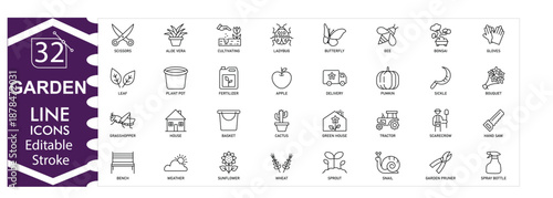 Garden icons set, gardening, plants, flowers, trees, tools, watering, lawn care, nature, landscape, outdoor, green environment, professional design editable stroke vector Illustration