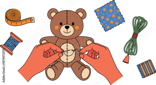 Hand sewing stuffed teddy bear illustration with needle, thread, fabric pieces, and handmade toy crafting process vector