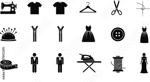 Tailoring and sewing icon set with clothing, tools, accessories, and dressmaking symbols in simple silhouette vector style