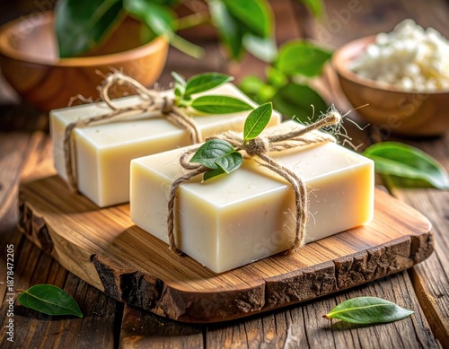 Two bars of soap, tied with twine, on wood
