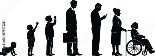 Human life stages silhouette from baby to elderly person showing growth aging and disability progression isolated on white background illustration