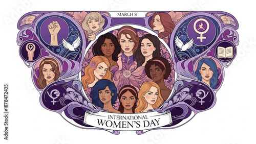 International women's day illustration with diverse women faces and feminist symbols in purple
