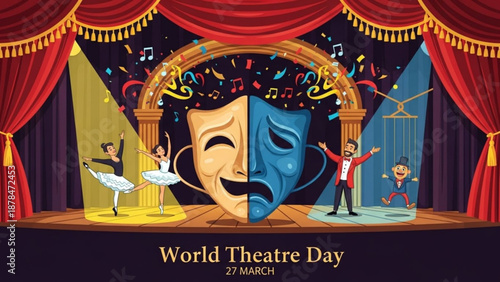 Theatre stage with comedy and tragedy masks on world theatre day 27 march celebrating performing arts with actors dancer and colorful confetti