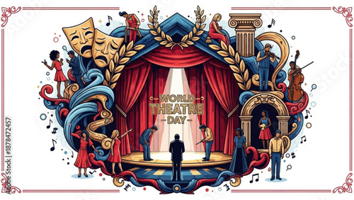 World theatre day stage illustration with red curtains actors and colorful decorations celebrating performing arts and drama with masks and musical notes on white background