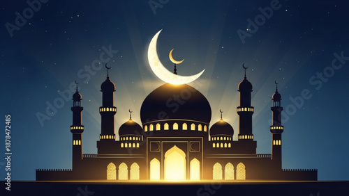 Illuminated mosque with crescent moon at night islamic architecture with glowing lights and domes