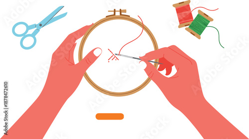 Hand embroidery process illustration with needle, thread, hoop, scissors, and crafting hands creating stitched pattern vector