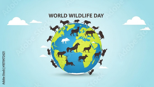 World wildlife day illustration with globe and animals conservation concept with earth surrounded by wildlife