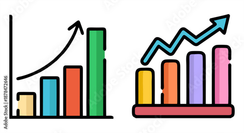 Description (Max 150 Characters): Business growth bar chart with arrow icon set. Colorful financial statistics graph for success, progress, and data analysis flat vector design.