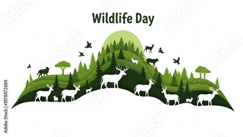 Wildlife day illustration with deer trees and animals in forest landscape with sun