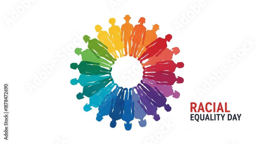 Racial equality day illustration with diverse people joining hands in a circle rainbow gesture