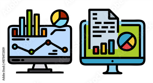 Description (Max 150 Characters): Data analytics and business finance icons set. Flat vector illustration of computer monitor with charts, graphs, and reports for dashboard design