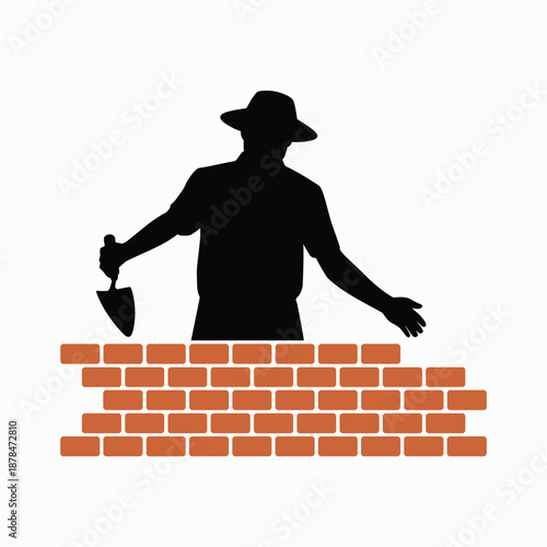 Silhouette of a bricklayer building a brick wall with a trowel construction vector illustration isolated on white background