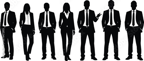 Business people silhouettes standing together, professional corporate team in suits, leadership concept, modern office workforce vector illustration design