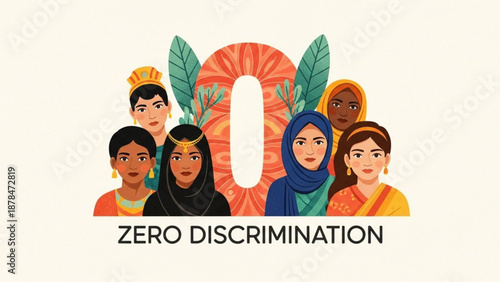 Diverse women supporting zero discrimination concept with green leaves and orange symbol