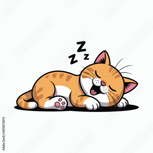 Sleeping orange tabby cat with white paws and pink nose yawning zzz vector illustration isolated on white background.