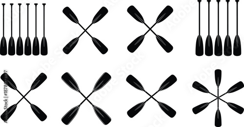 Kayak paddle silhouette icon set with crossed and straight paddle shapes isolated on white background for water sports design