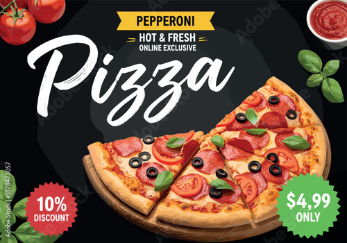 Hot and fresh pepperoni pizza vector banner with slices tomatoes and basil on chalkboard background for restaurant menu