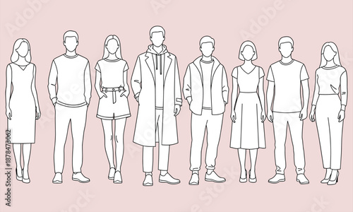 Minimal line art illustration of diverse young adults standing together, modern casual fashion outfits, lifestyle character vector design collection set