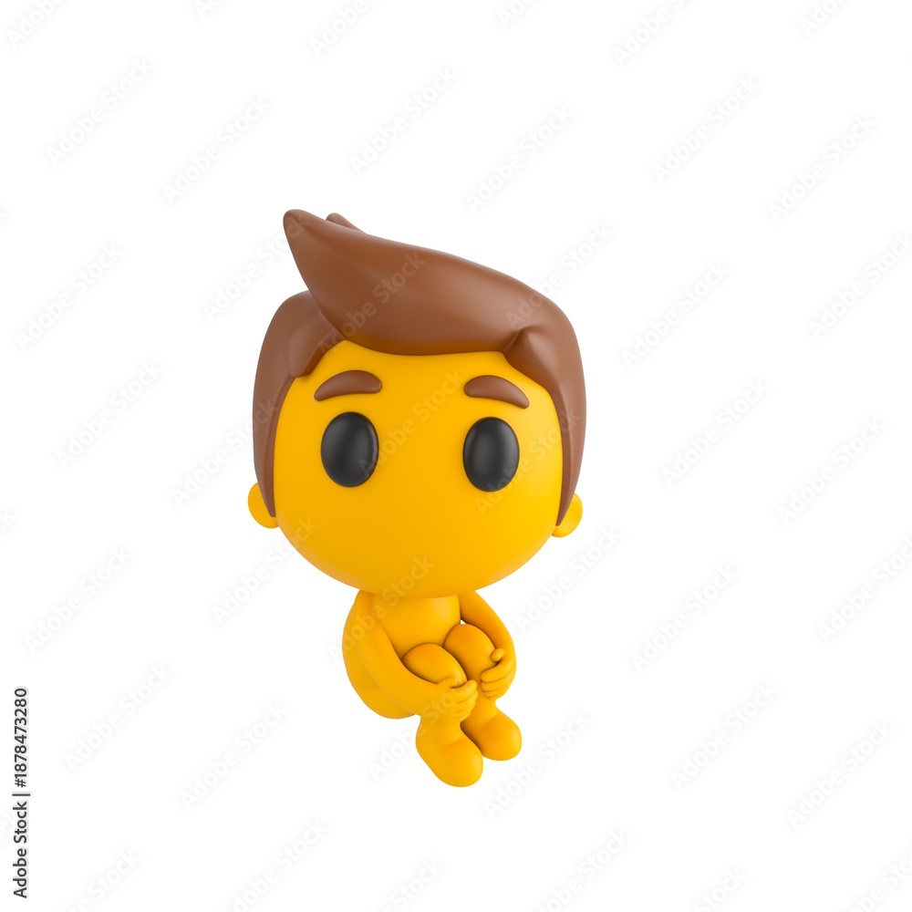 Fototapeta premium Cute 3D render Little Boy character sitting and hugging its knees, looking up at the camera with a gentle and thoughtful expression, isolated on white background.