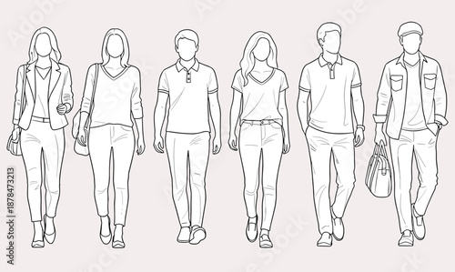 Minimal line art illustration of stylish young adults walking together, modern casual outfits, urban lifestyle fashion vector design for commercial use