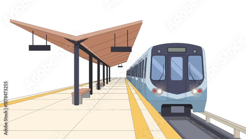 Modern subway train arriving at an urban station platform, isolated vector illustration