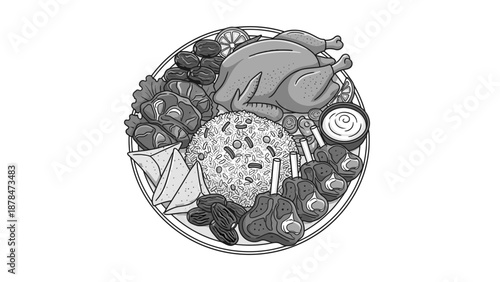 Arabic Food Platter with Roast Chicken and Rice Illustration