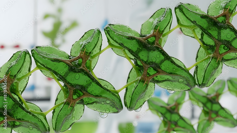 Fototapeta premium Intricate green translucent artificial glass leaves with detailed brown vein patterns glisten with clear water droplets within a bright, clean, laboratory setting, symbolizing scientific botanical