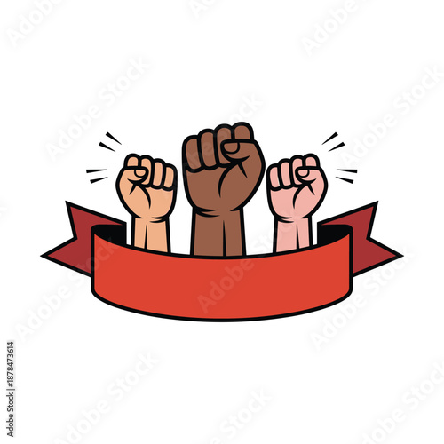 Three fists of different skin tones raised in solidarity with a red banner protest activism equality
