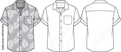 Men short sleeve button shirt technical fashion flat with front back views, pocket collar construction details, cad drawing flat vector illustration