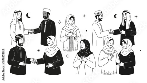 Muslim People Greeting and Shaking Hands for Eid Mubarak Celebration Illustration