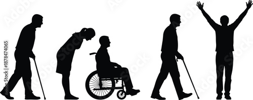 Human life cycle silhouette showing aging disability recovery independence rehabilitation journey healthcare concept vector illustration isolated black people timeline design