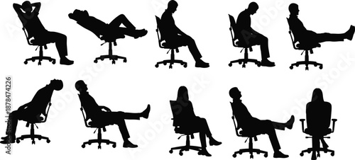 Office chair sitting poses silhouette collection showing relaxed tired working people postures workplace ergonomics vector illustration isolated black figures