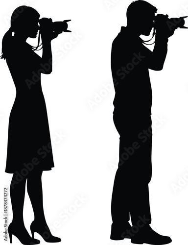 Photographer silhouette illustration showing male and female taking photos with camera professional photography concept vector isolated black figures