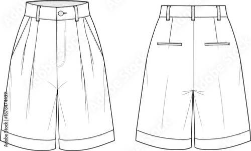 Men tailored pleated shorts technical fashion CAD drawing front back views flat vector illustration apparel template cad drawing flat vector illustration