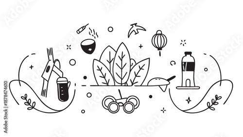 A whimsical doodle illustration featuring a collection of assorted objects and natural elements in black and white on transparent background silhouette
